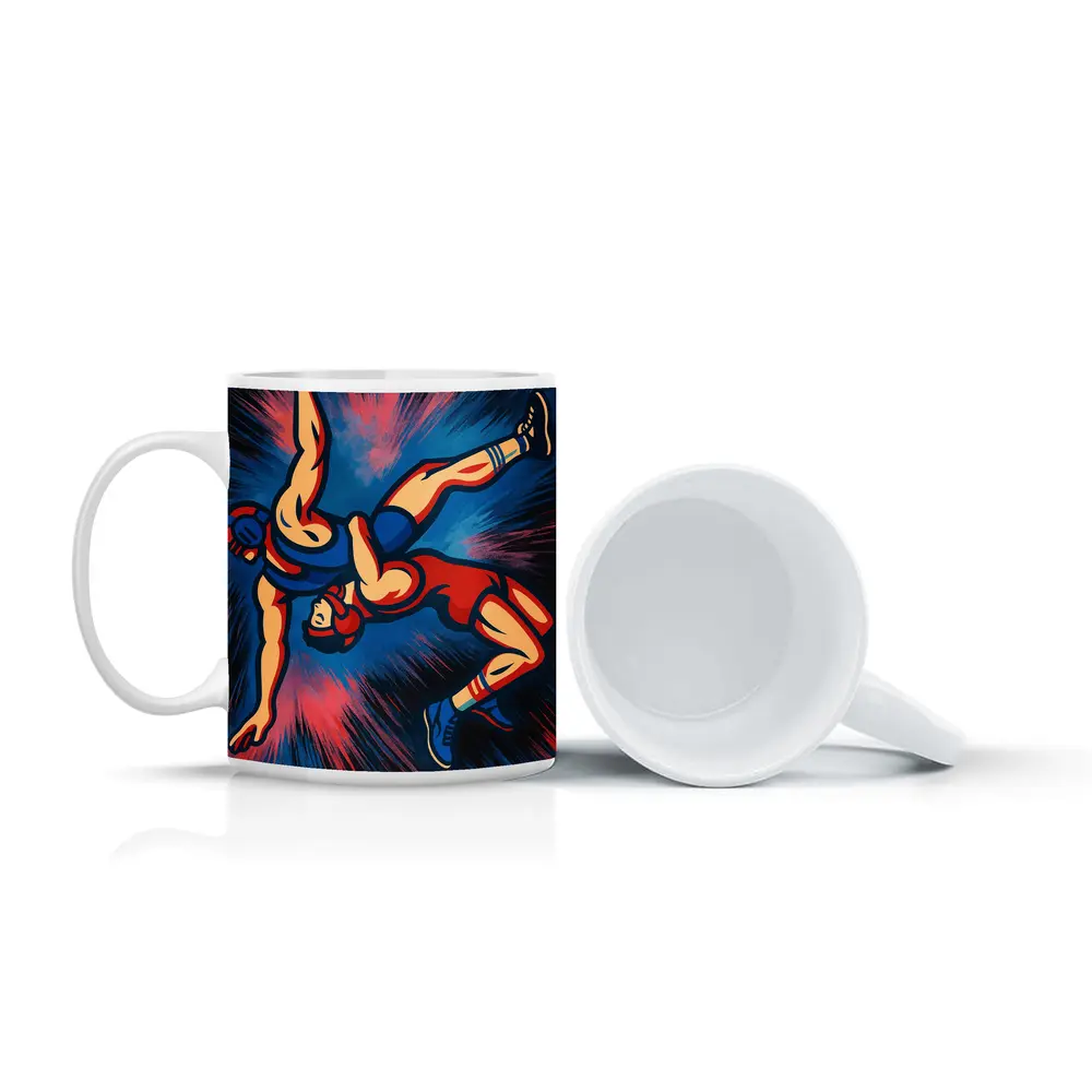 Wrestling Athletes Dynamic Pop Art Dark Background – Mugs