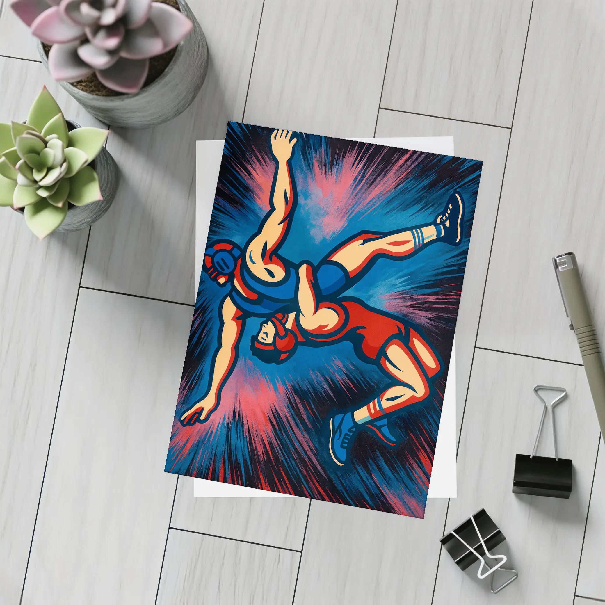 Wrestling Athletes Dynamic Pop Art Dark Background – Postcards