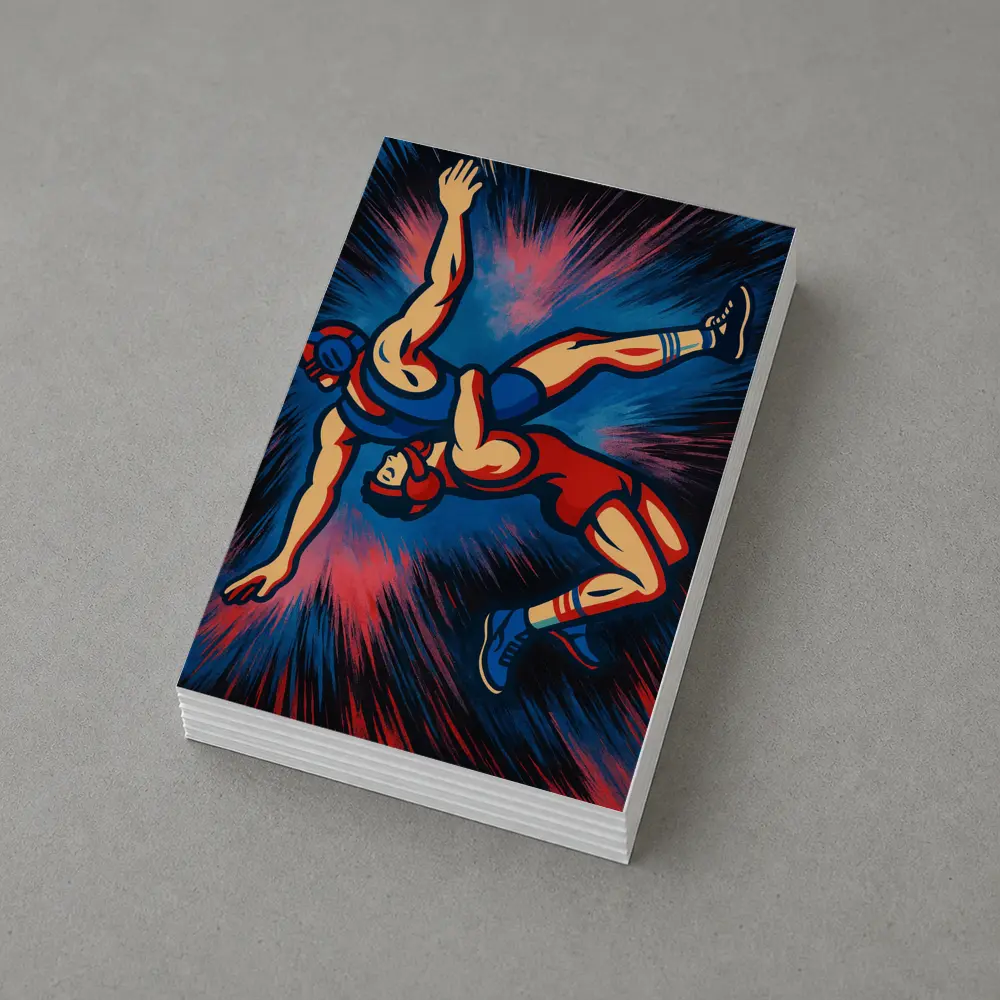 Wrestling Athletes Dynamic Pop Art Dark Background – Postcards