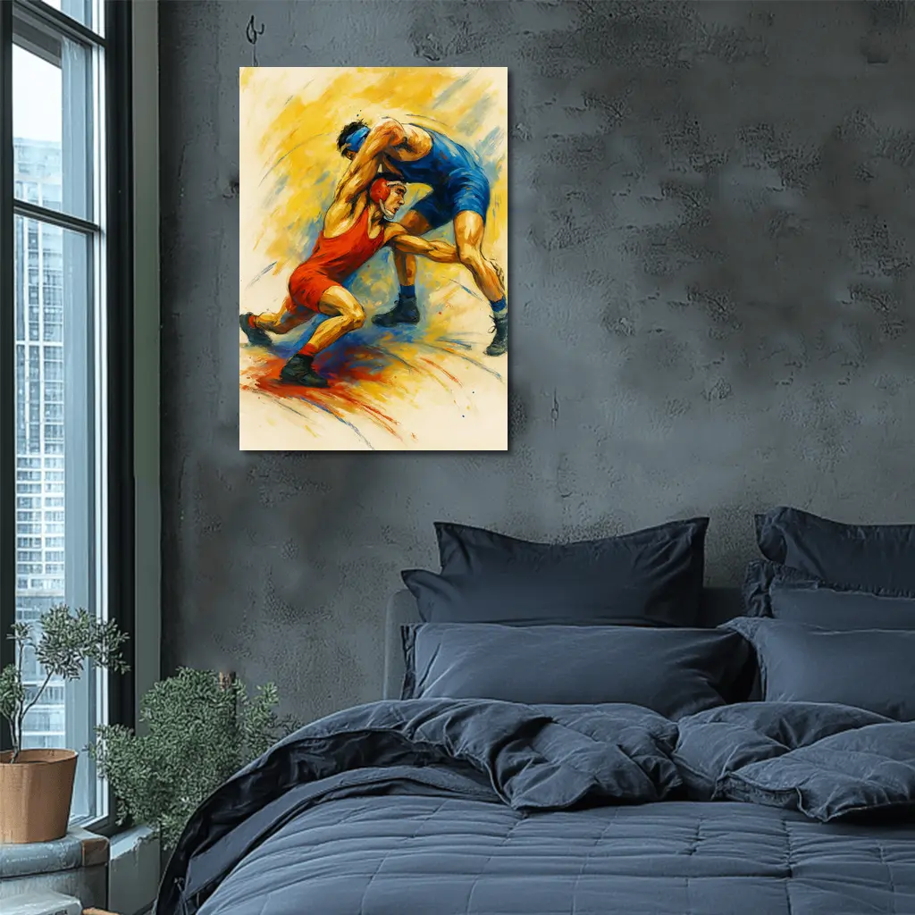 Wrestling Athletes Oil Painting Art Yellow Background – Wall Art