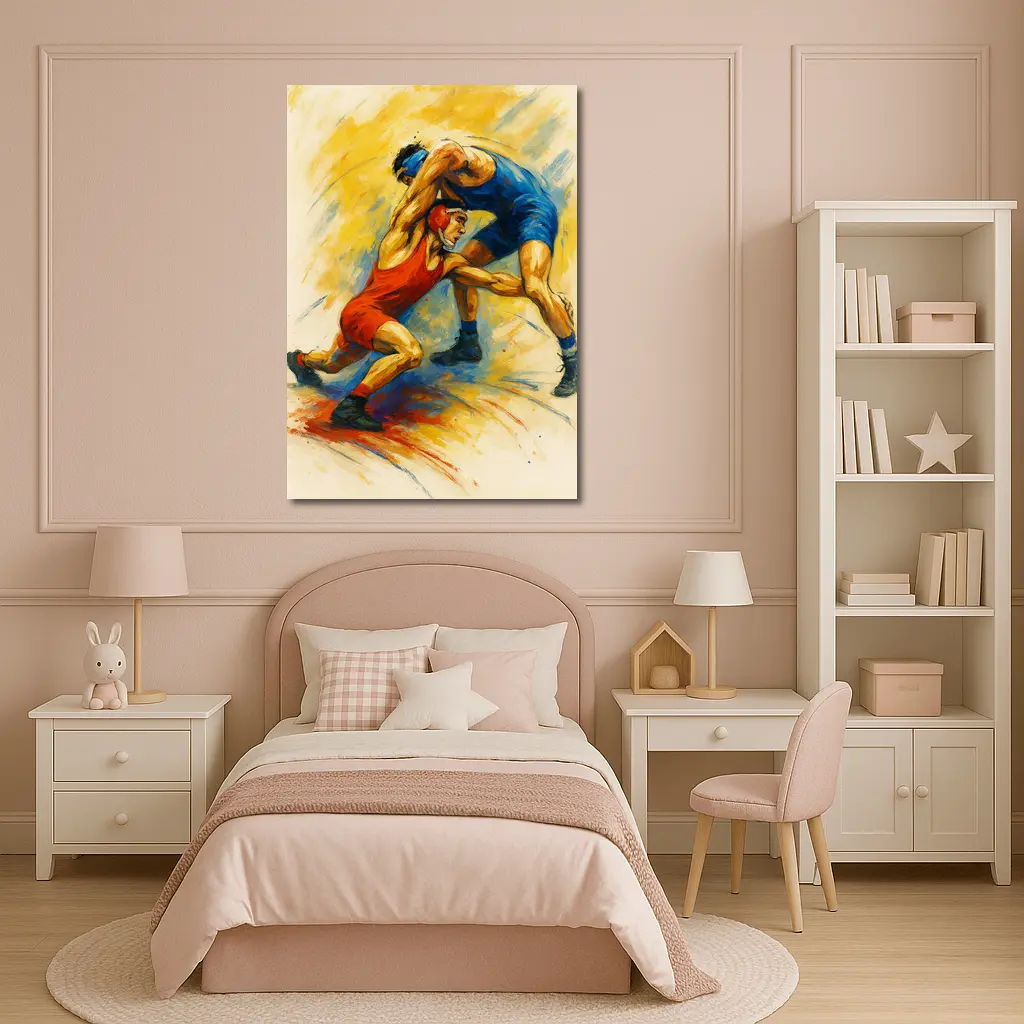 Wrestling Athletes Oil Painting Art Yellow Background – Wall Art