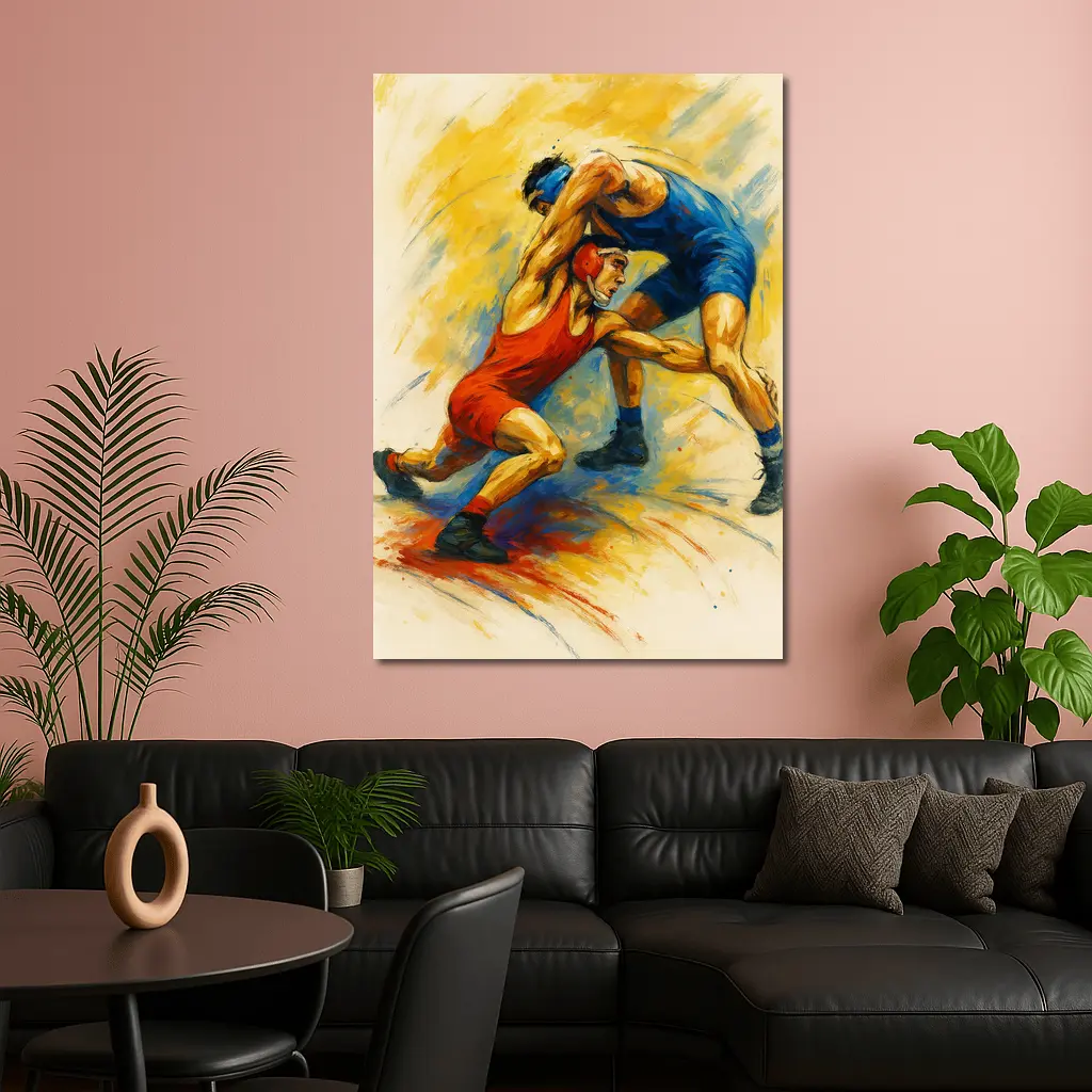 Wrestling Athletes Oil Painting Art Yellow Background – Wall Art