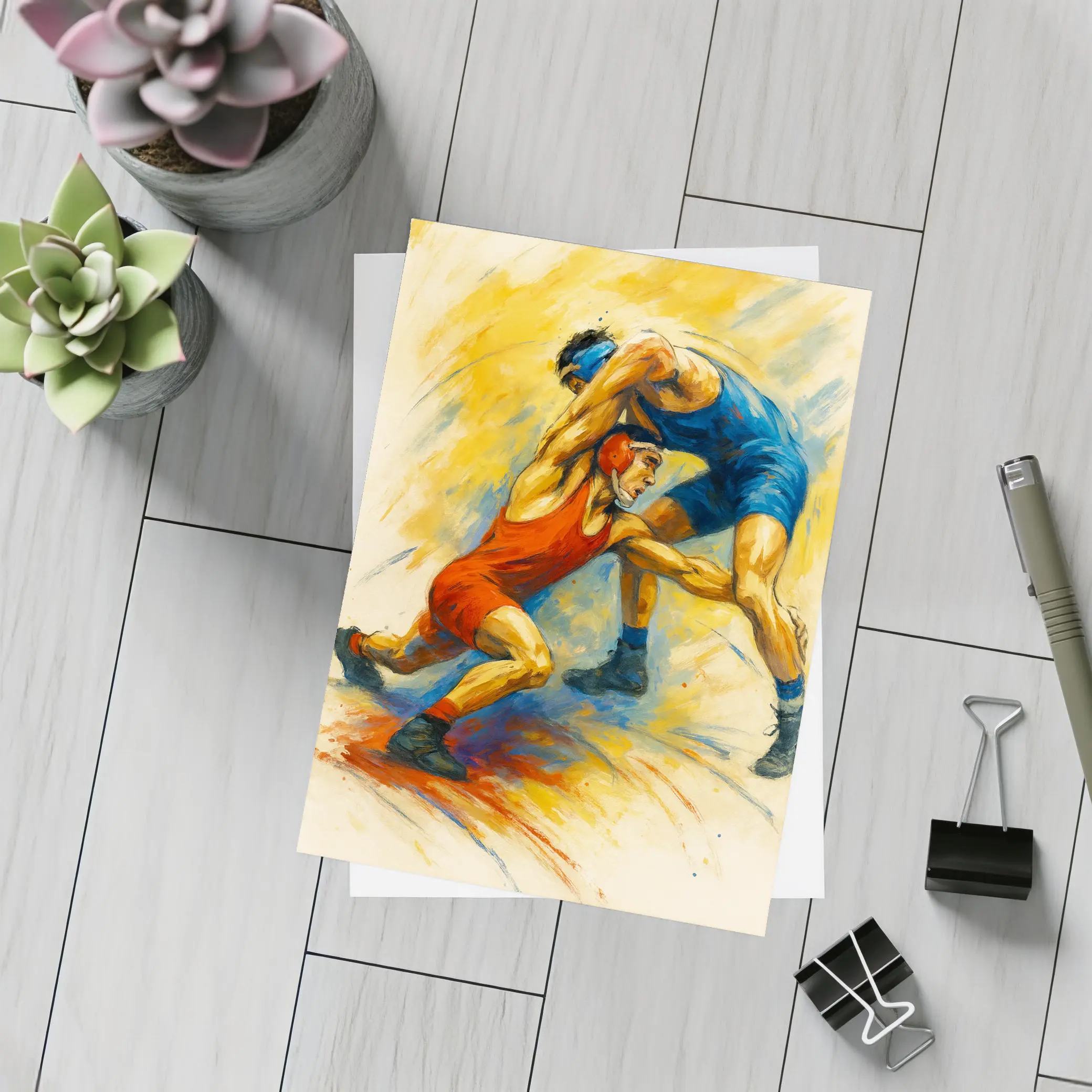 Wrestling Athletes Oil Painting Art Yellow Background – Postcards