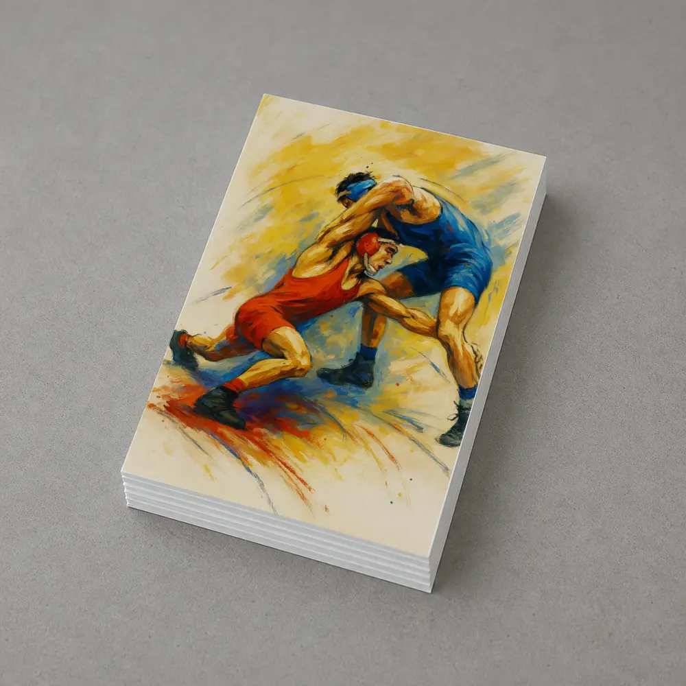 Wrestling Athletes Oil Painting Art Yellow Background – Postcards