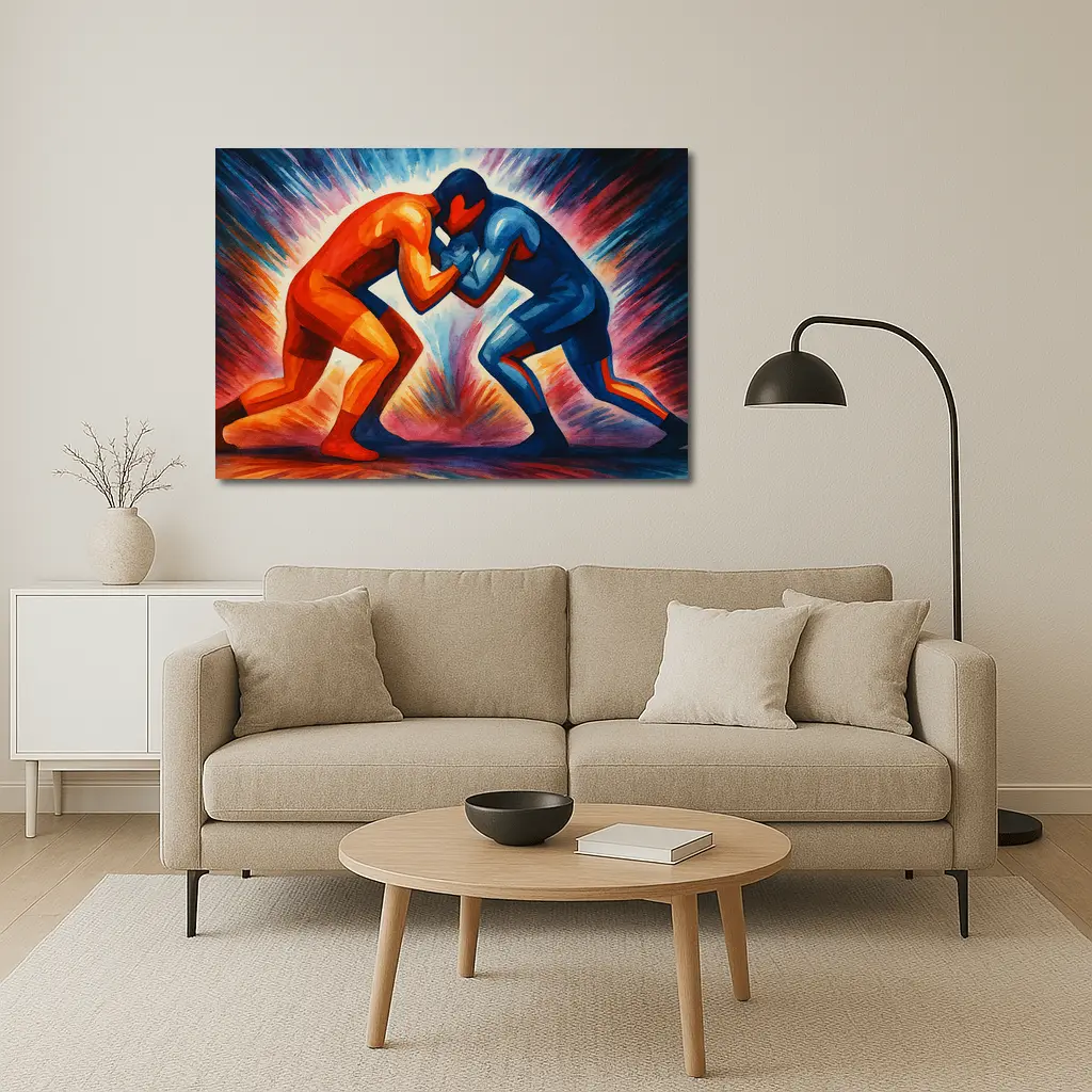 Two Wrestlers Competing Bold Expressionist Art – Wall Art