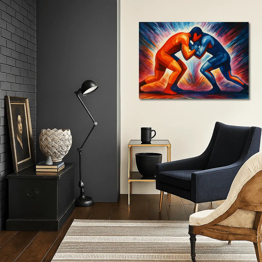 Two Wrestlers Competing Bold Expressionist Art – Wall Art
