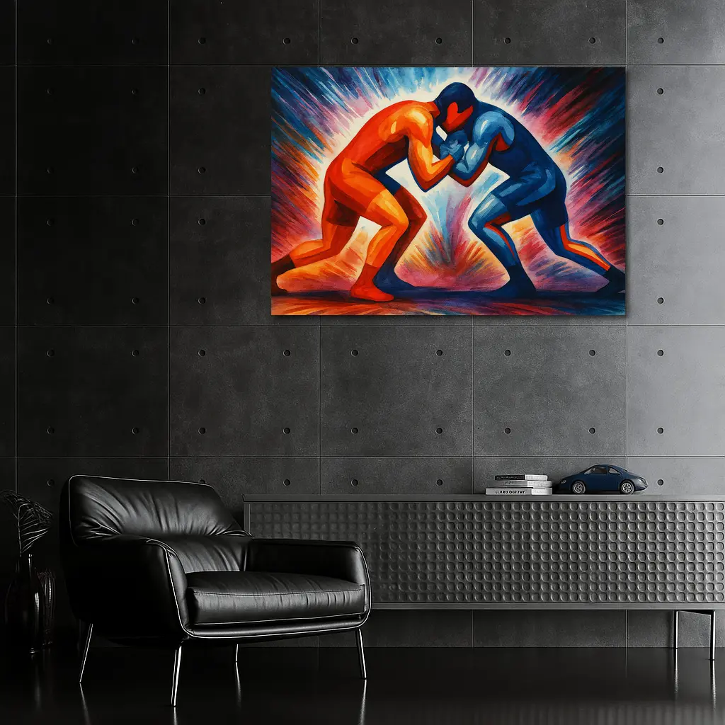Two Wrestlers Competing Bold Expressionist Art – Wall Art