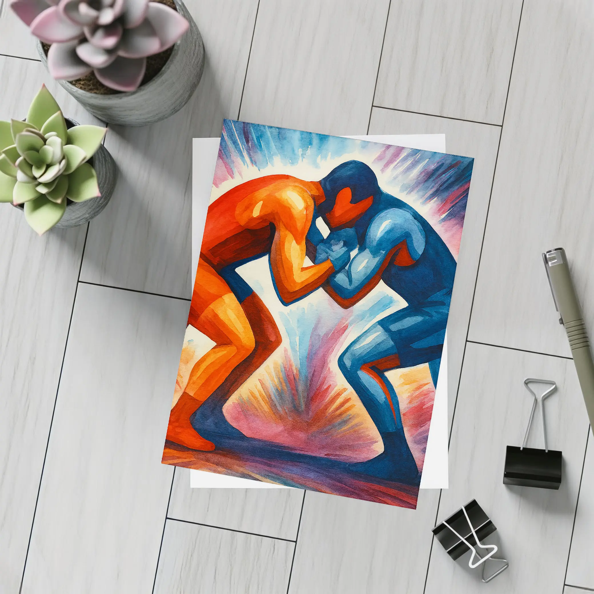 Two Wrestlers Competing Bold Expressionist Art – Postcards