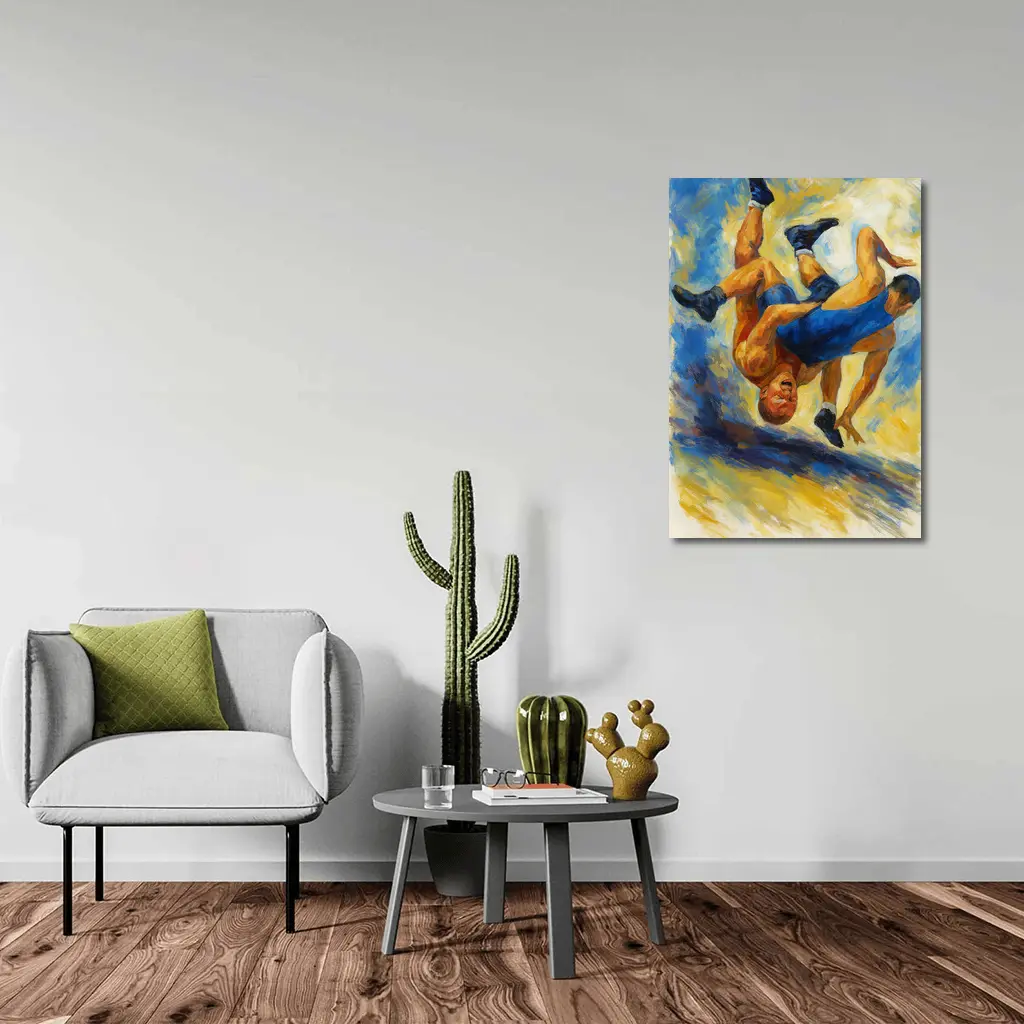 Oil Painting Wrestlers Grappling Blue Yellow – Wall Art