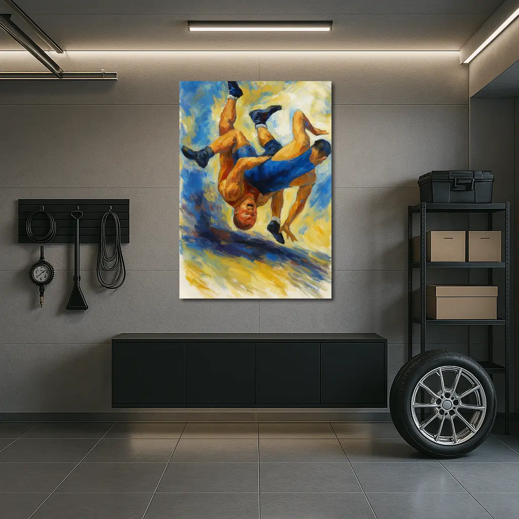Oil Painting Wrestlers Grappling Blue Yellow – Wall Art