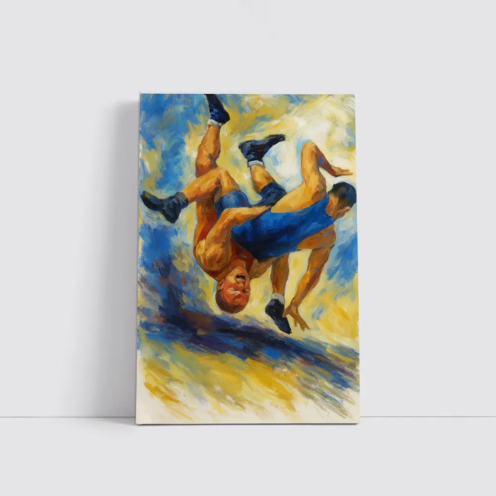 Oil Painting Wrestlers Grappling Blue Yellow – Wall Art