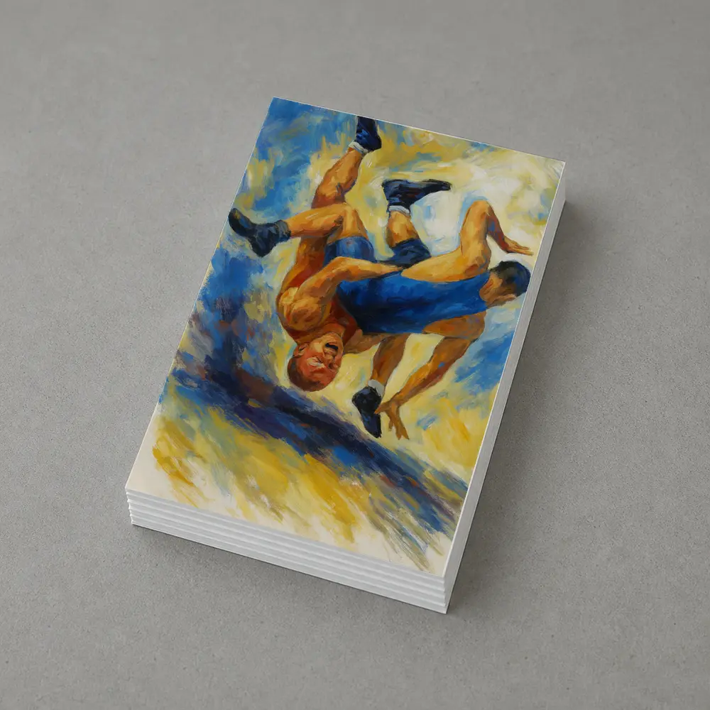 Oil Painting Wrestlers Grappling Blue Yellow – Postcards