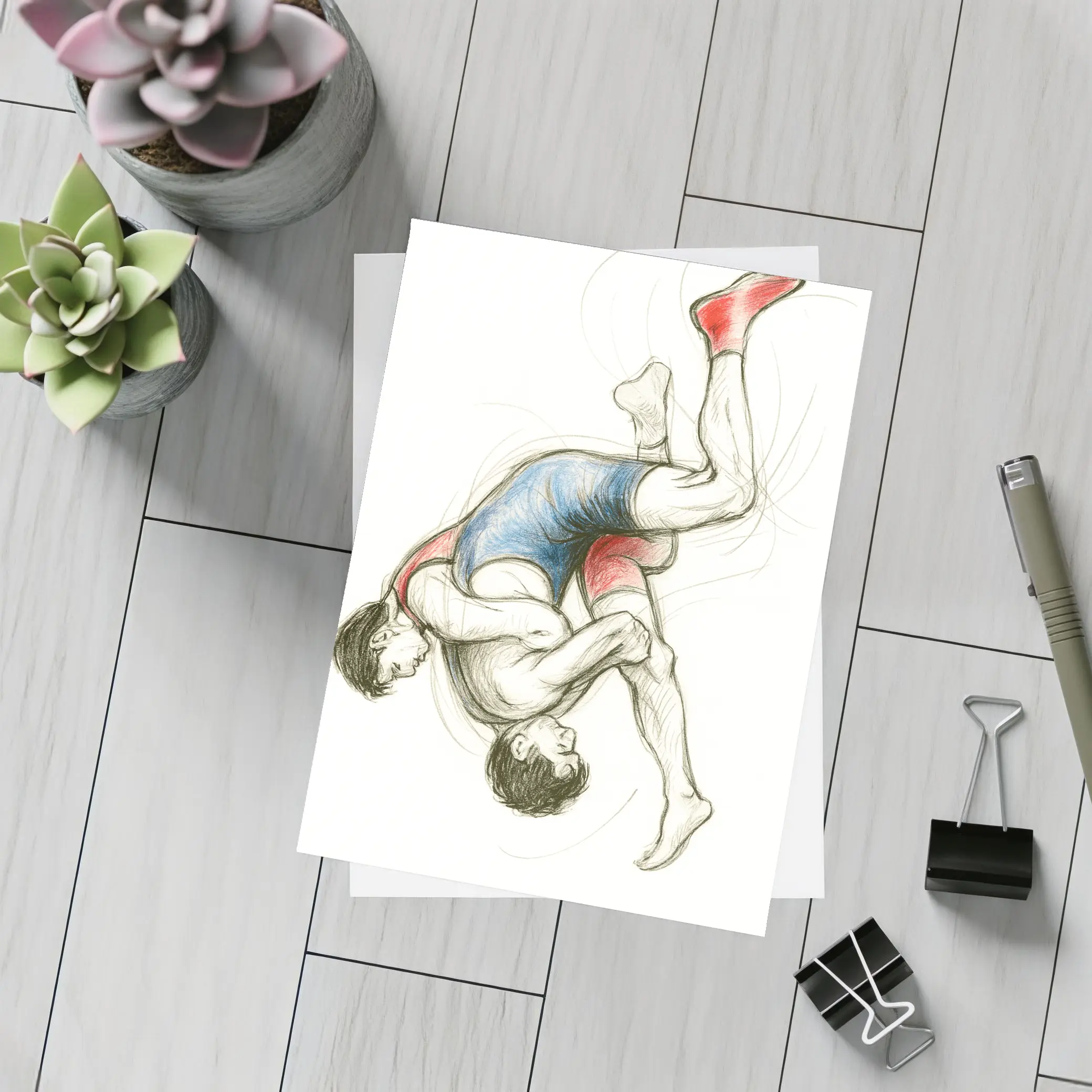 Two Wrestlers Grappling Sketch Art Blue Red – Postcards