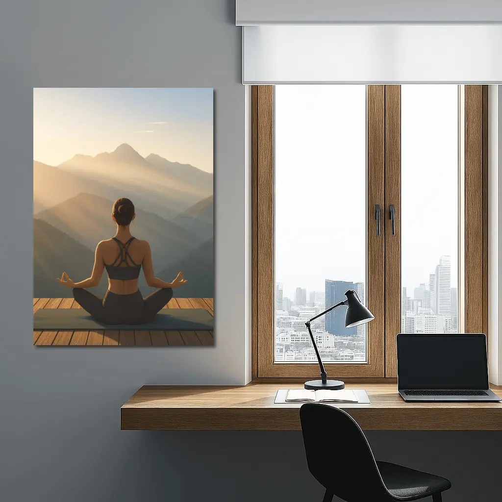 Woman Meditating Lotus Pose Mountain Sunrise – Wall Art