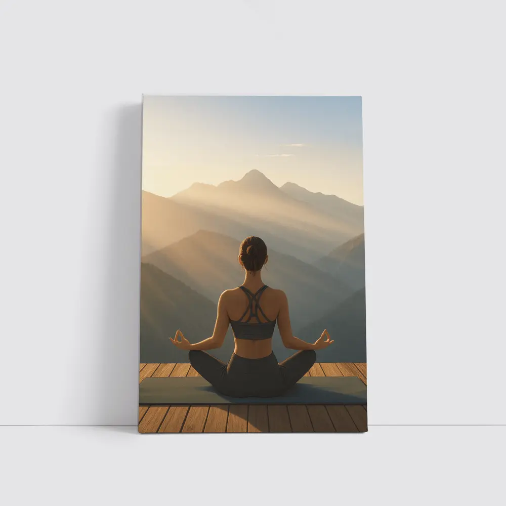 Woman Meditating Lotus Pose Mountain Sunrise – Wall Art