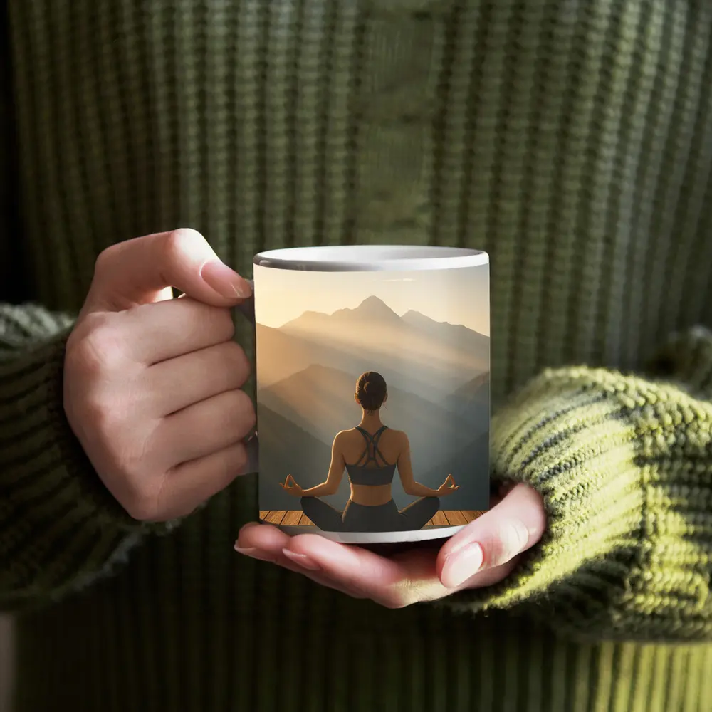 Woman Meditating Lotus Pose Mountain Sunrise – Mugs