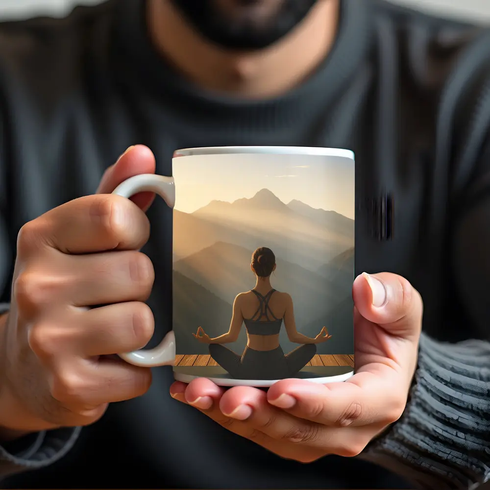 Woman Meditating Lotus Pose Mountain Sunrise – Mugs
