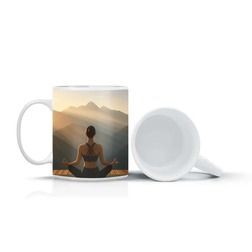 Woman Meditating Lotus Pose Mountain Sunrise – Mugs