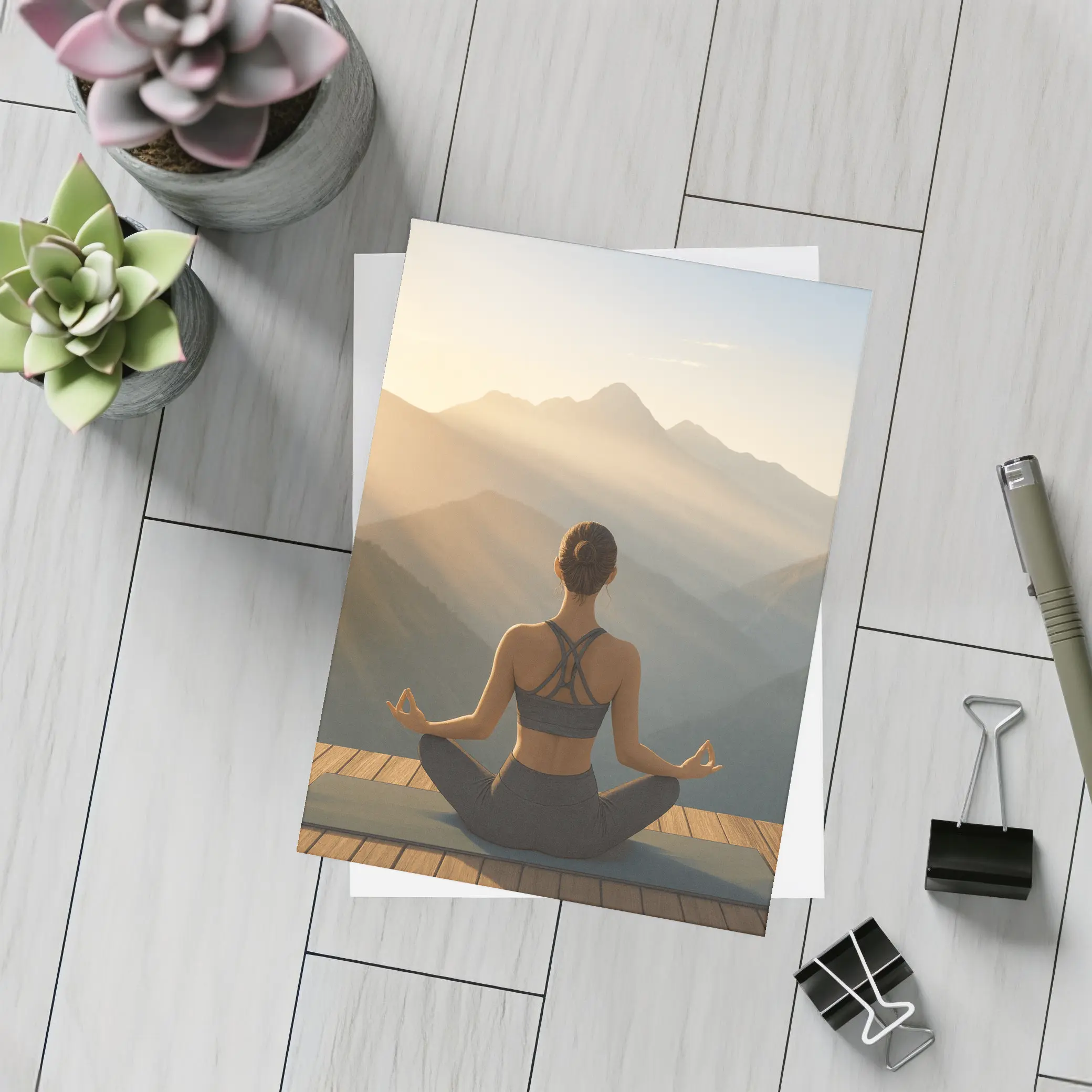 Woman Meditating Lotus Pose Mountain Sunrise – Postcards