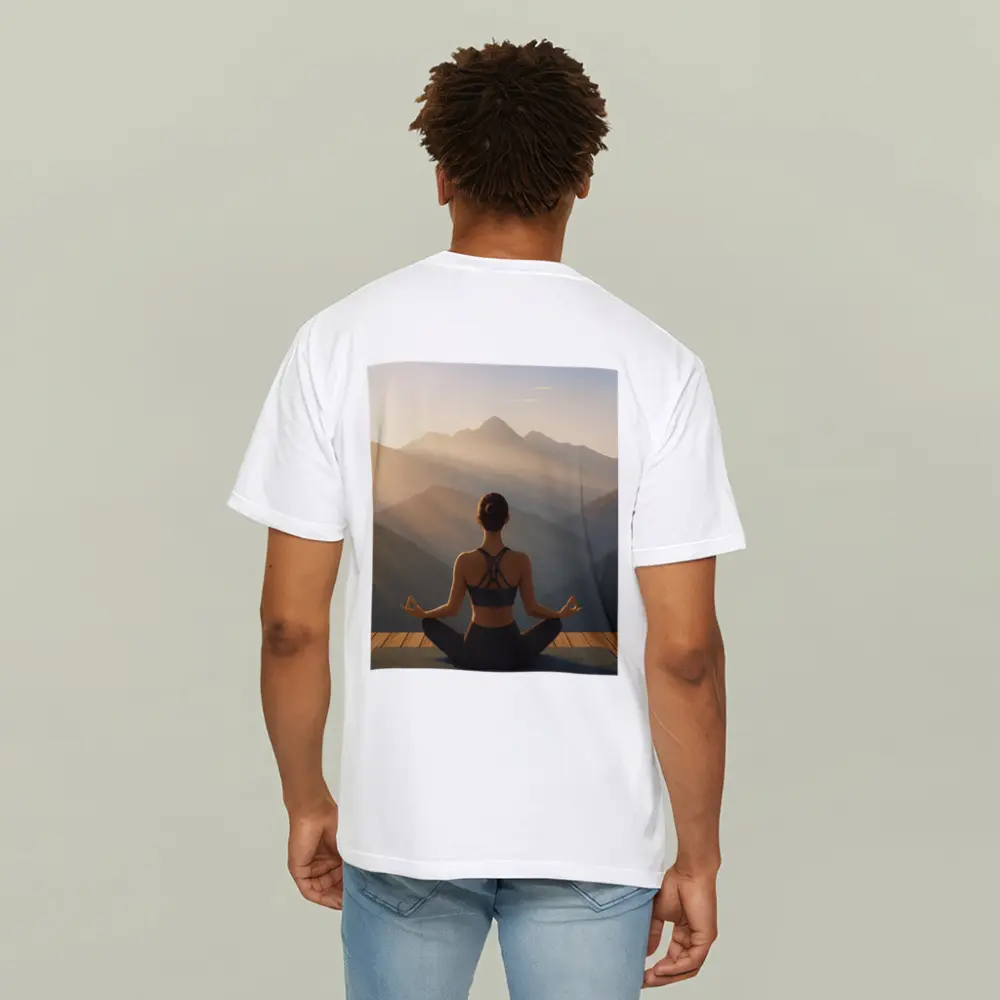 Woman Meditating Lotus Pose Mountain Sunrise – T-Shirts
