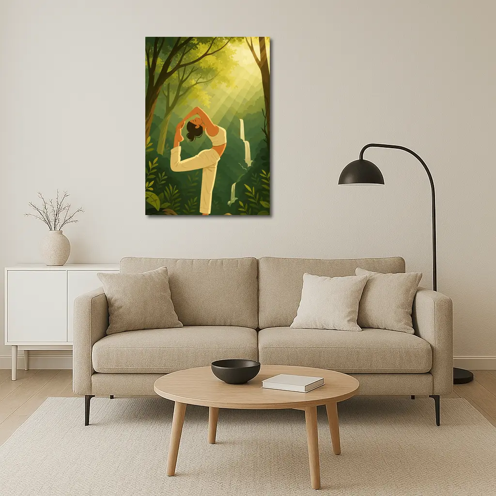 Yoga Pose Woman Forest Waterfall Illustration – Wall Art