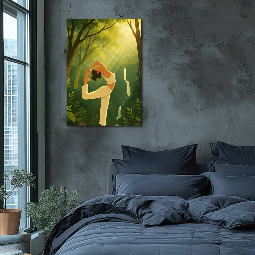 Yoga Pose Woman Forest Waterfall Illustration – Wall Art