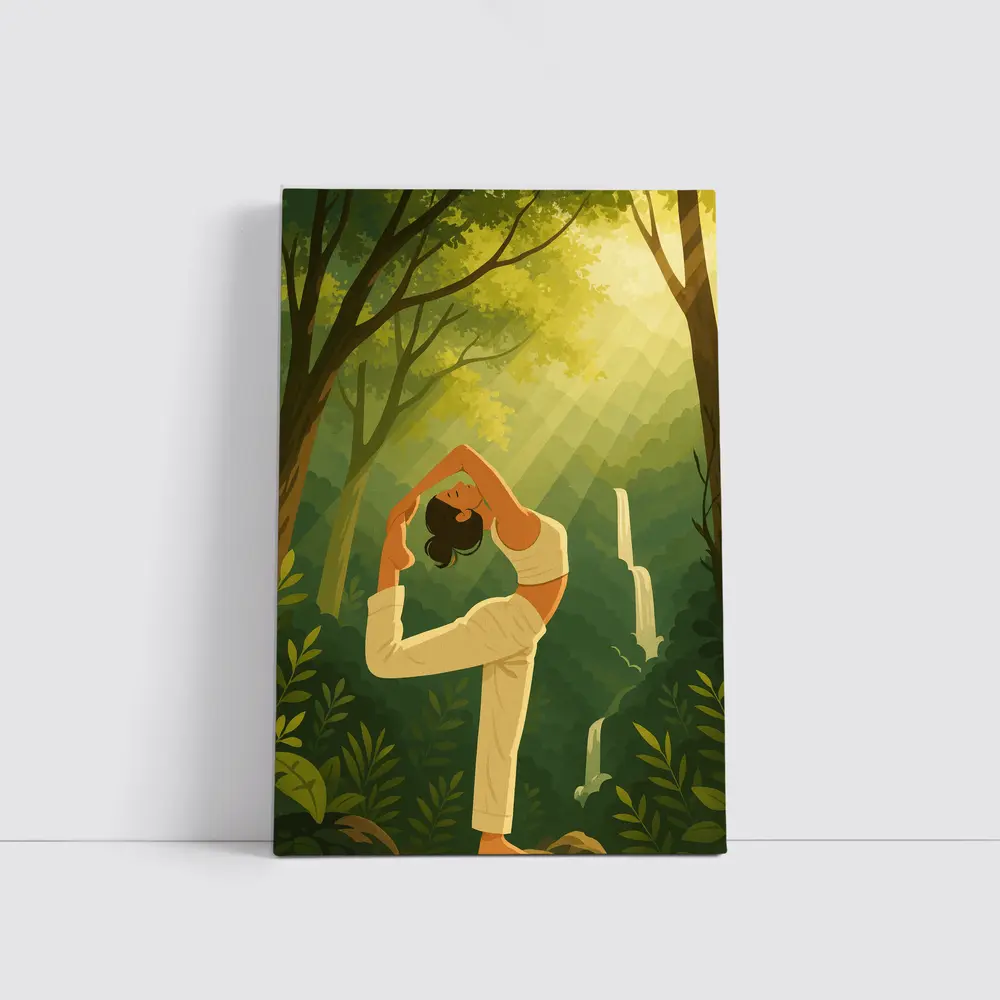 Yoga Pose Woman Forest Waterfall Illustration – Wall Art