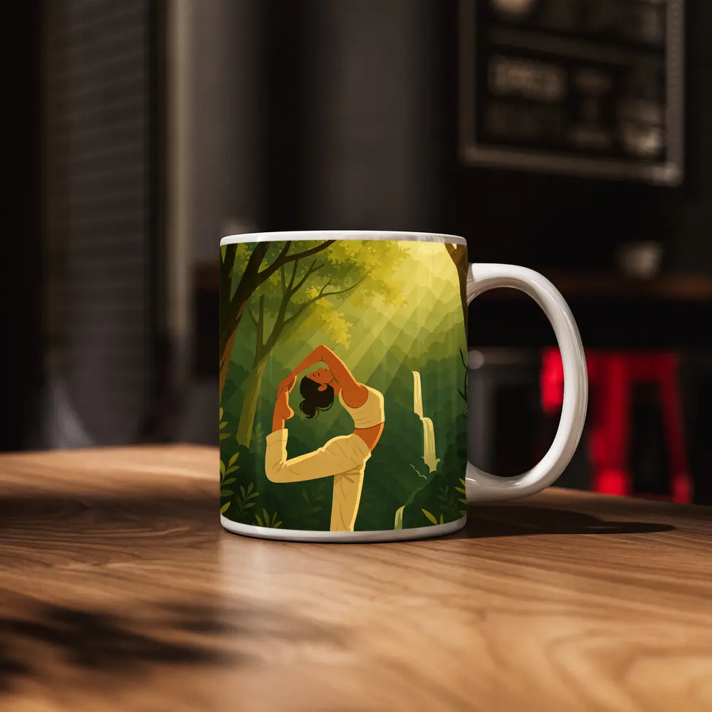 Yoga Pose Woman Forest Waterfall Illustration – Mugs
