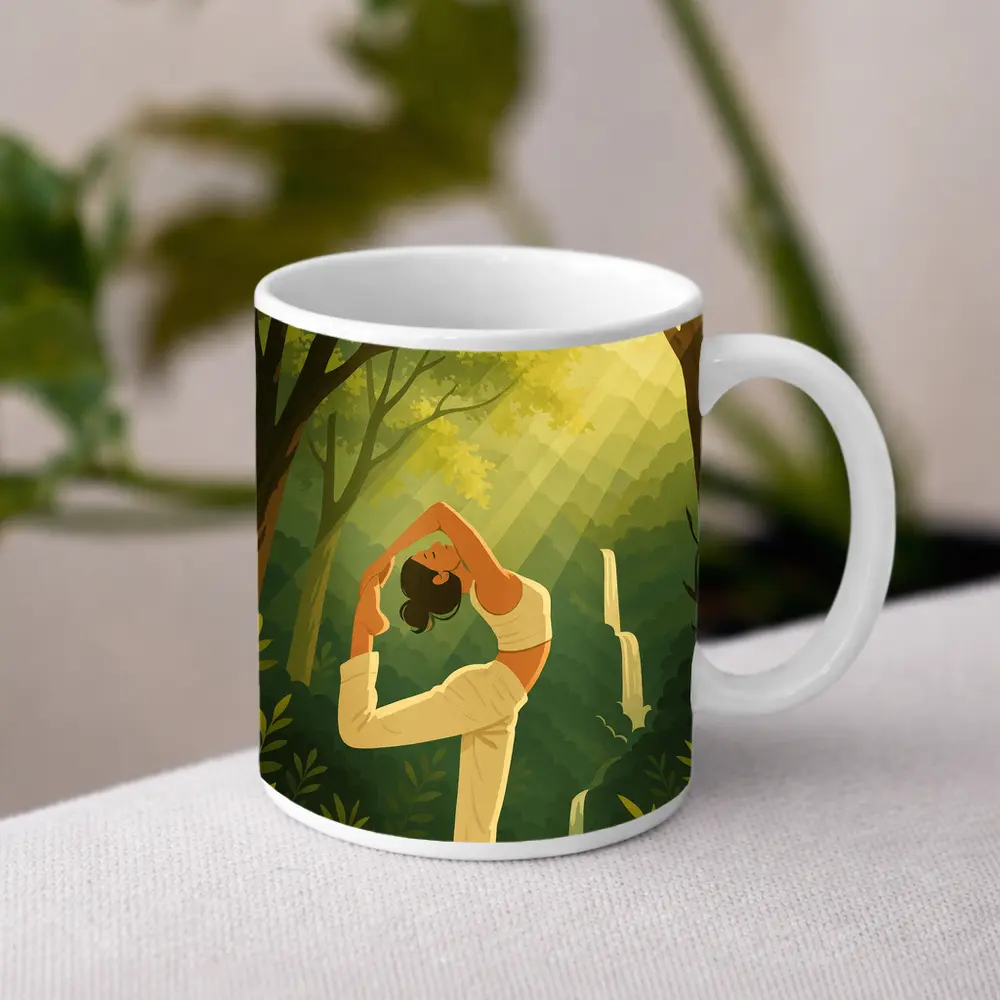 Yoga Pose Woman Forest Waterfall Illustration – Mugs