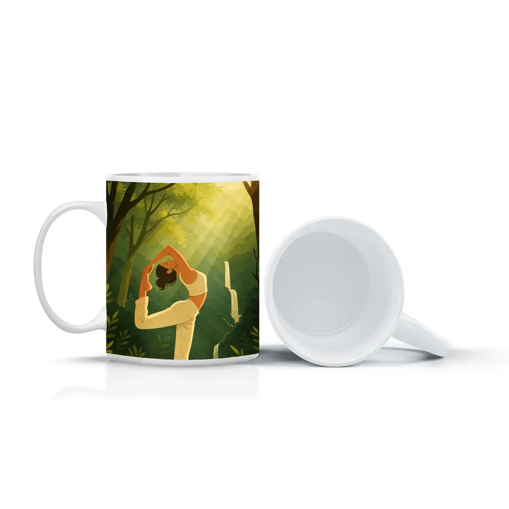 Yoga Pose Woman Forest Waterfall Illustration – Mugs