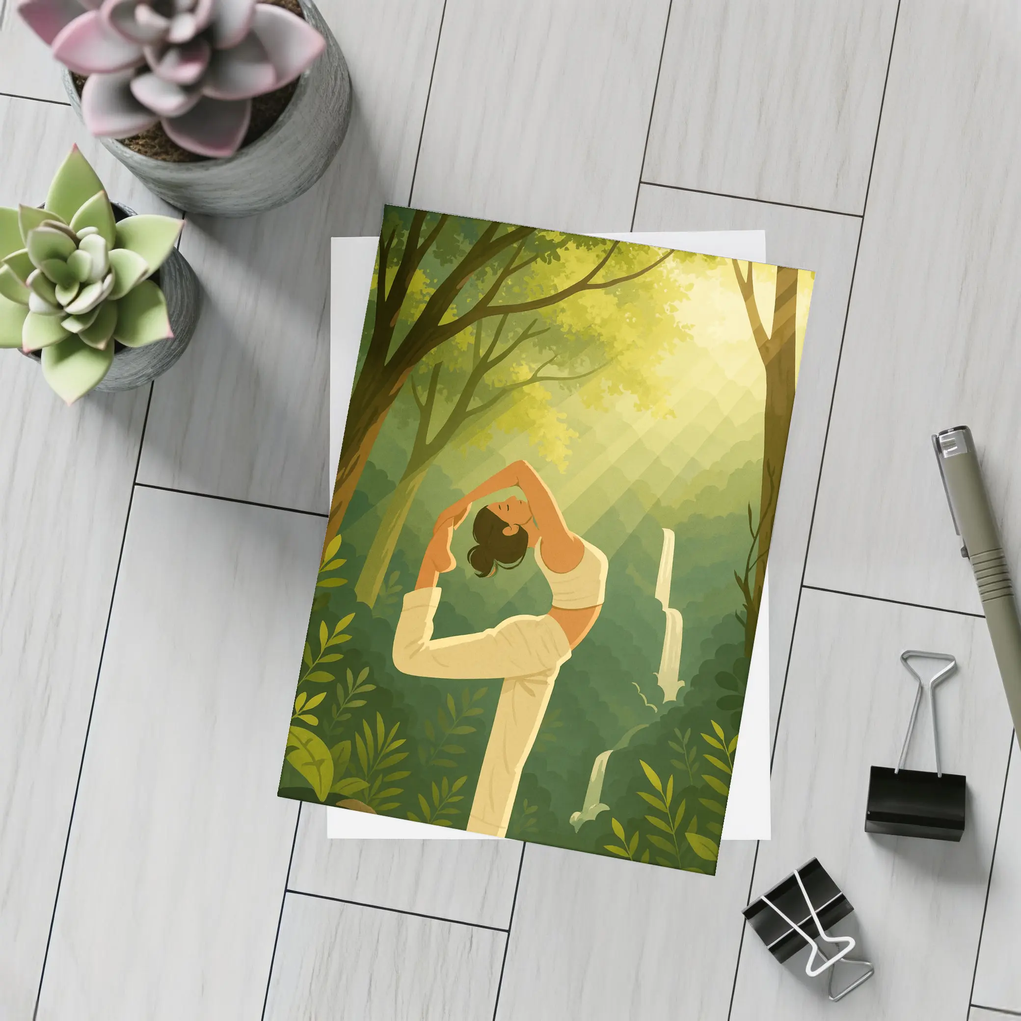 Yoga Pose Woman Forest Waterfall Illustration – Postcards