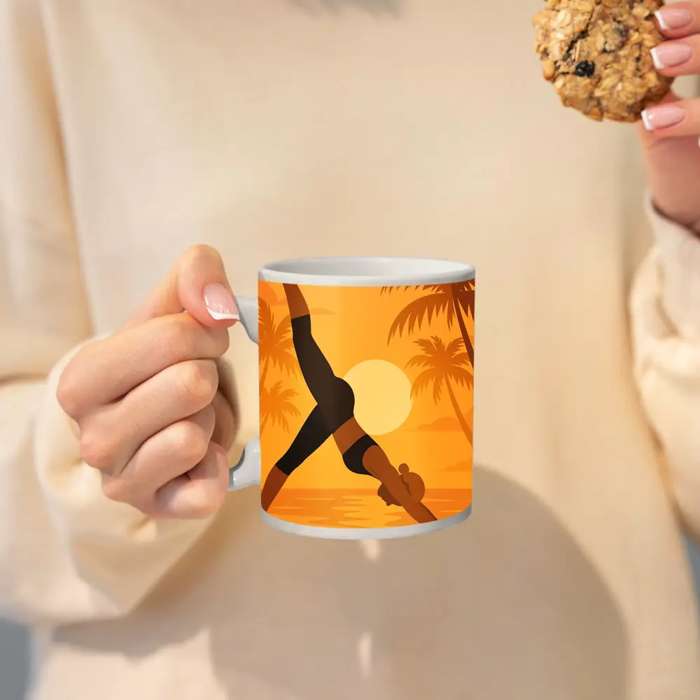 Yoga Pose Sunset Palm Trees Beach – Mugs
