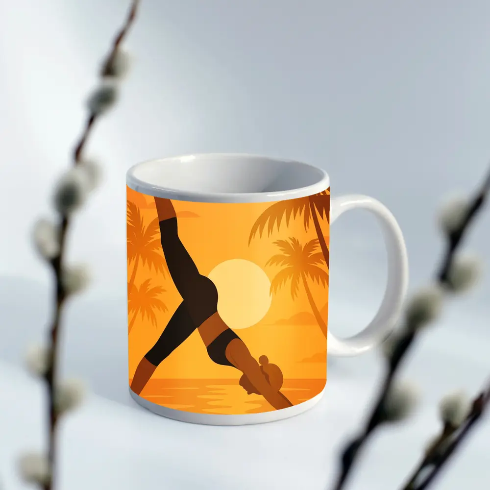 Yoga Pose Sunset Palm Trees Beach – Mugs
