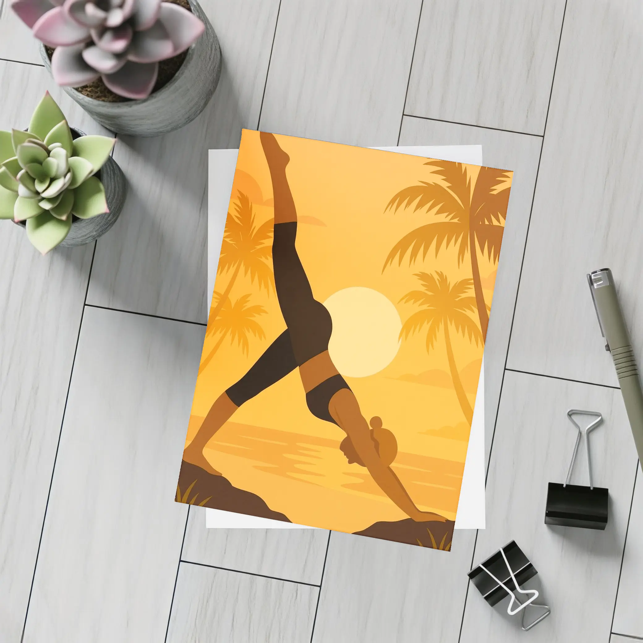 Yoga Pose Sunset Palm Trees Beach – Postcards