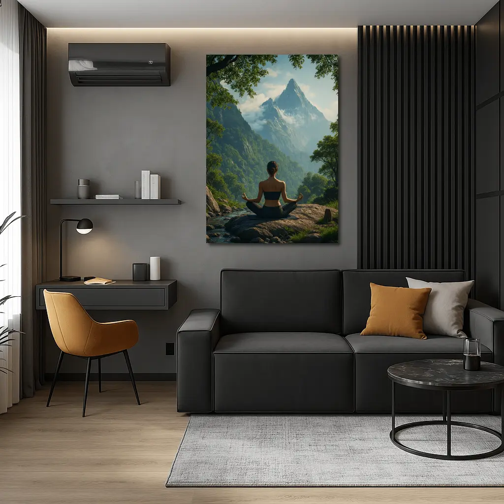 Woman Meditating Lotus Pose Mountain Nature – Wall Art