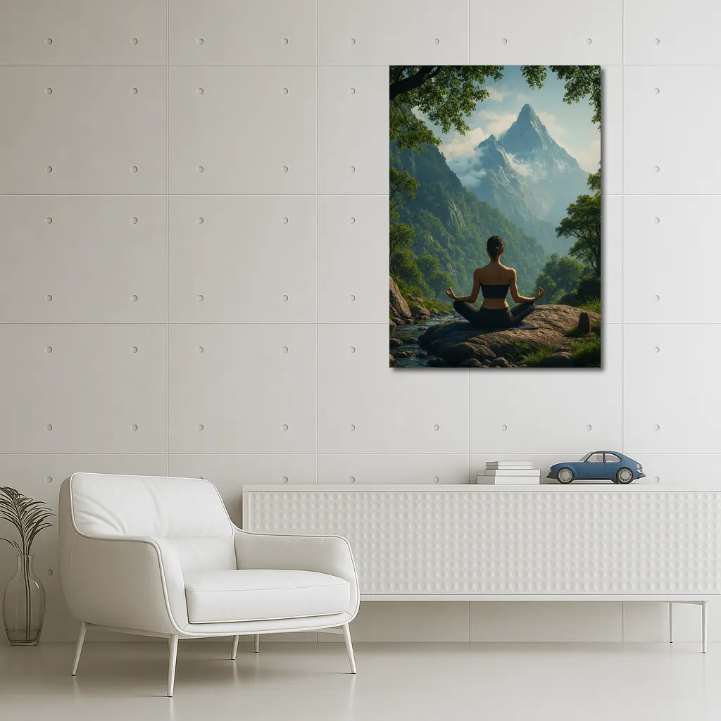 Woman Meditating Lotus Pose Mountain Nature – Wall Art
