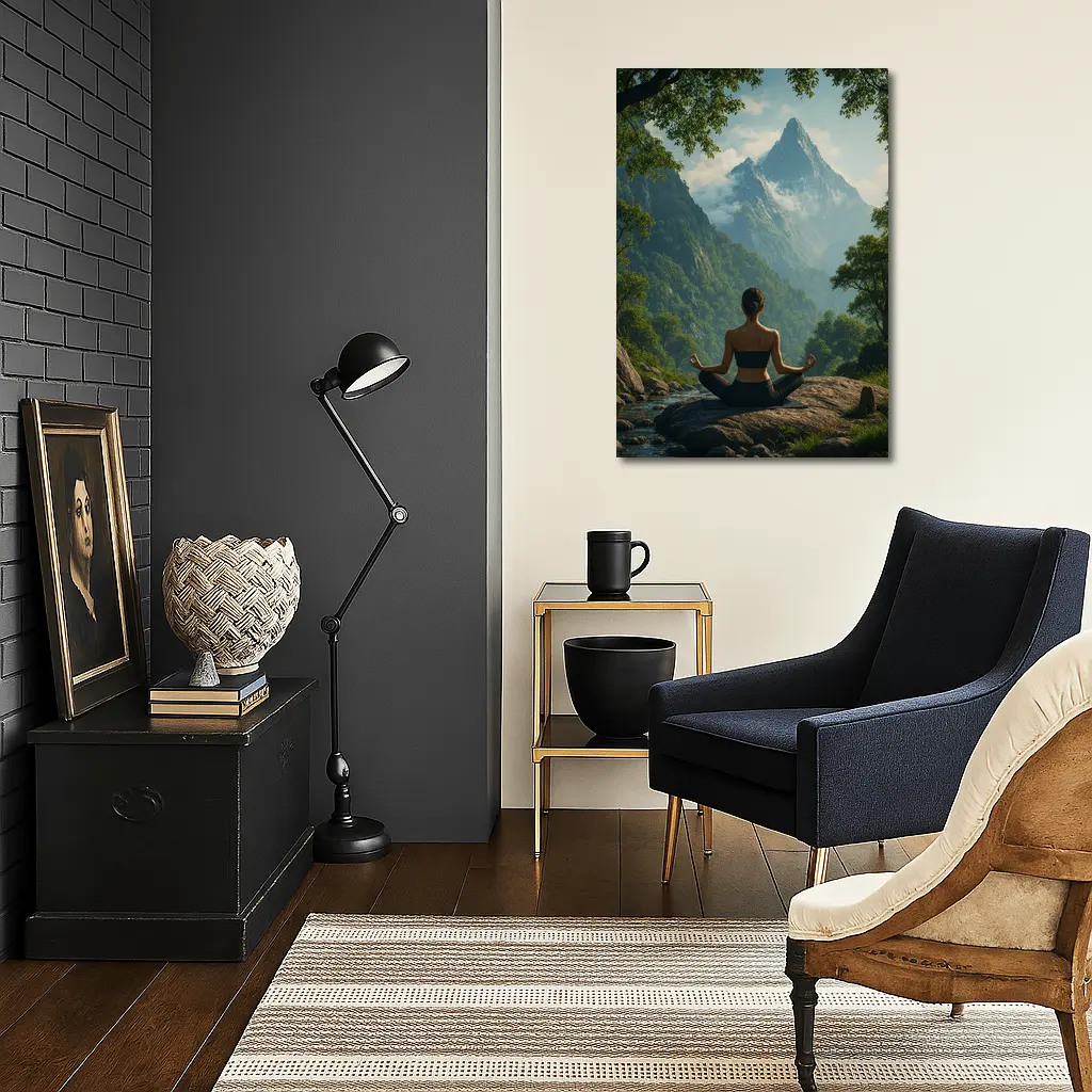 Woman Meditating Lotus Pose Mountain Nature – Wall Art