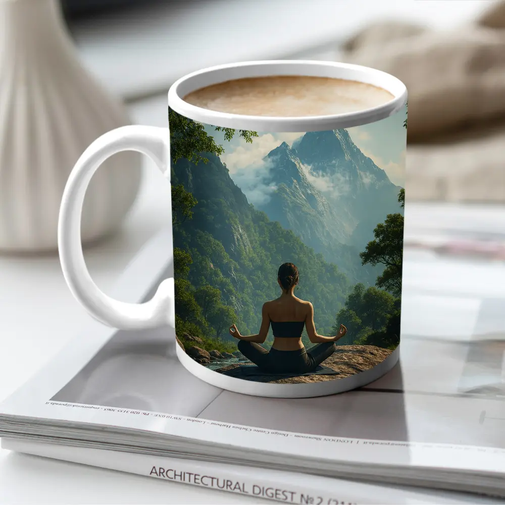 Woman Meditating Lotus Pose Mountain Nature – Mugs