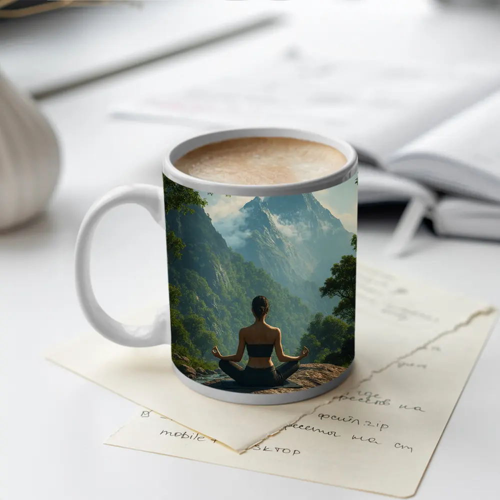 Woman Meditating Lotus Pose Mountain Nature – Mugs