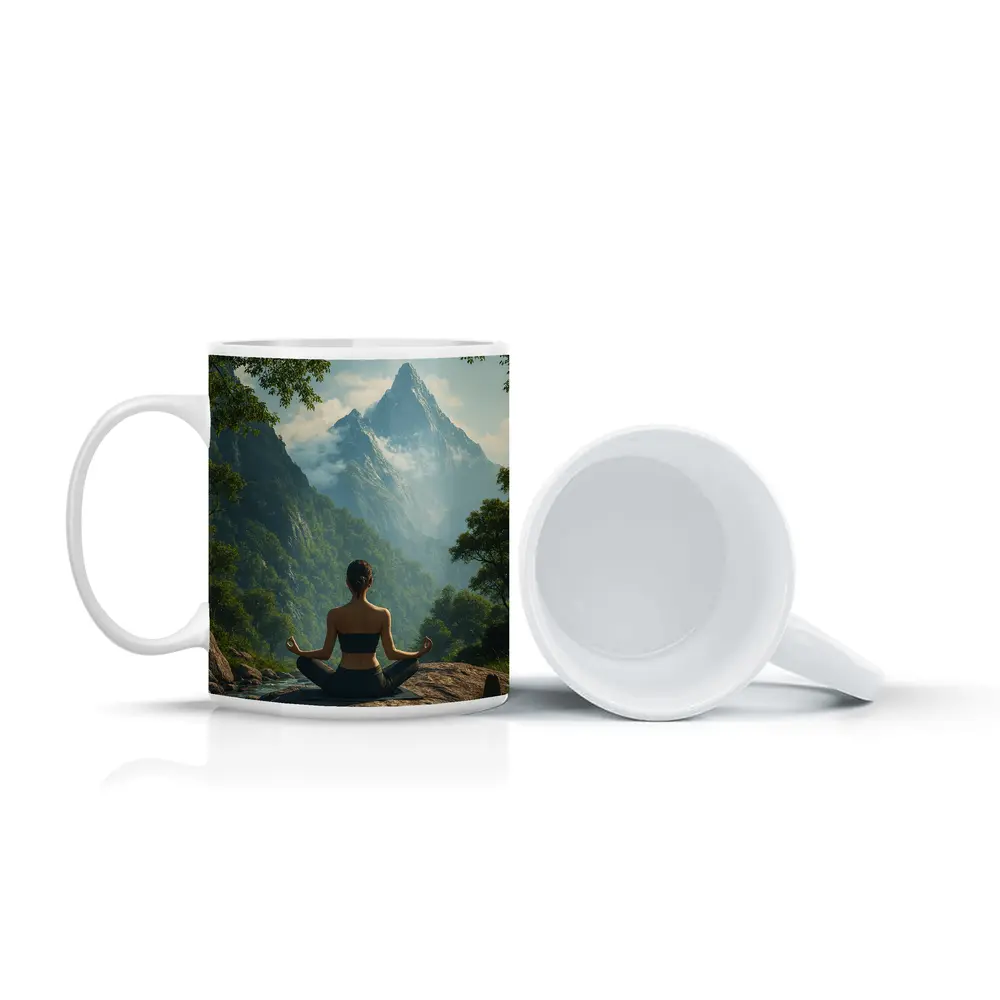 Woman Meditating Lotus Pose Mountain Nature – Mugs