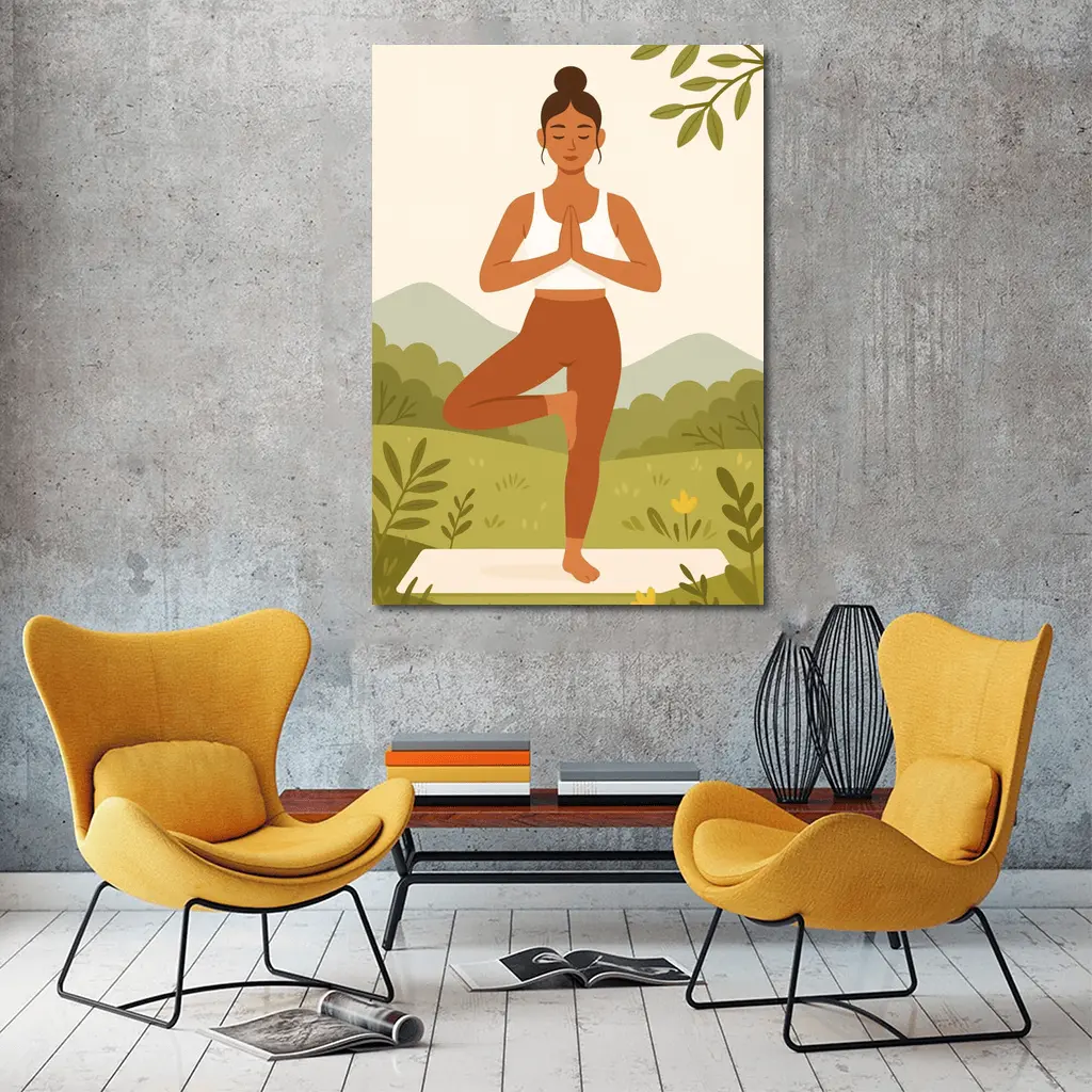 Woman Yoga Tree Pose Nature Background – Wall Art