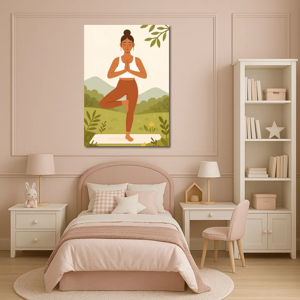 Woman Yoga Tree Pose Nature Background – Wall Art