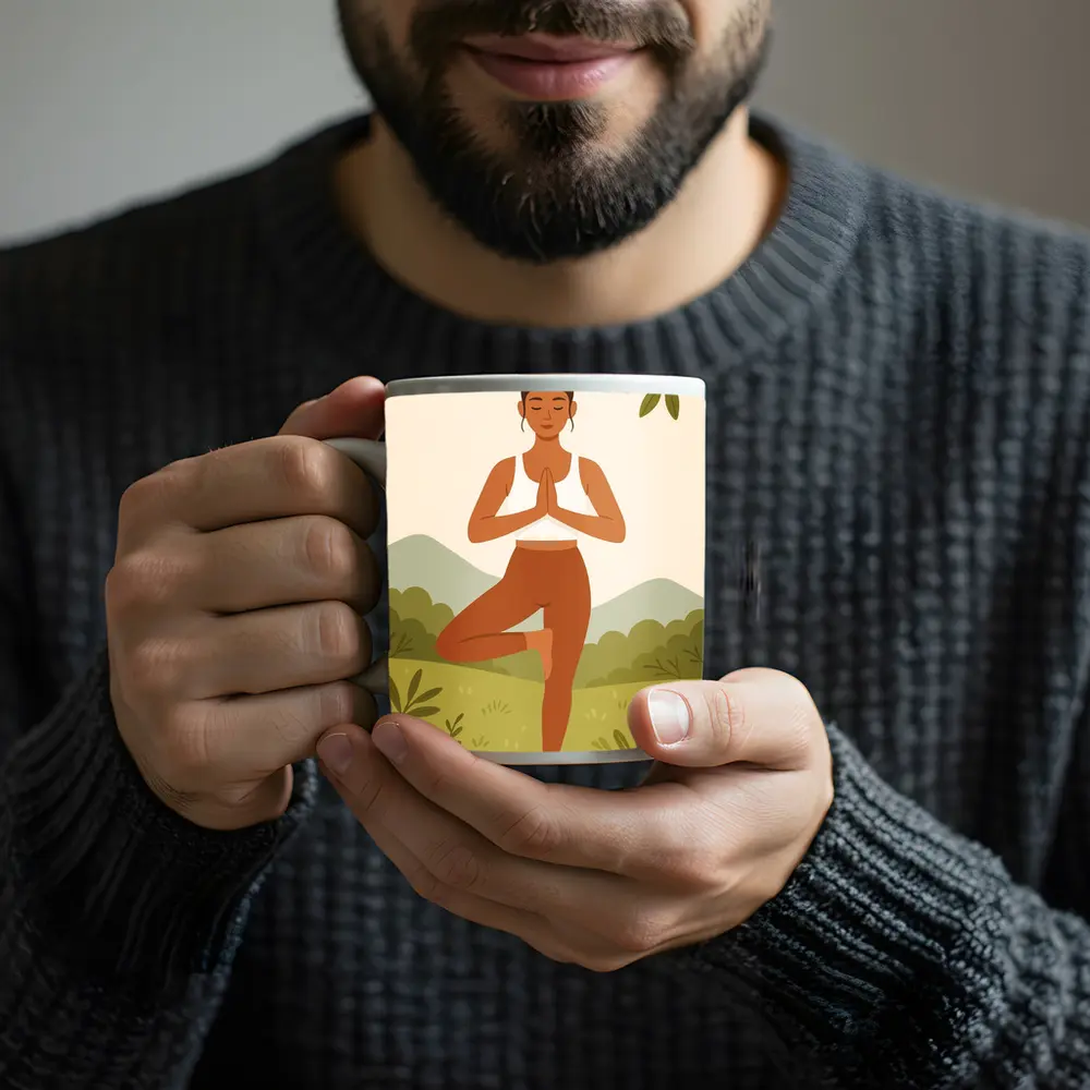Woman Yoga Tree Pose Nature Background – Mugs