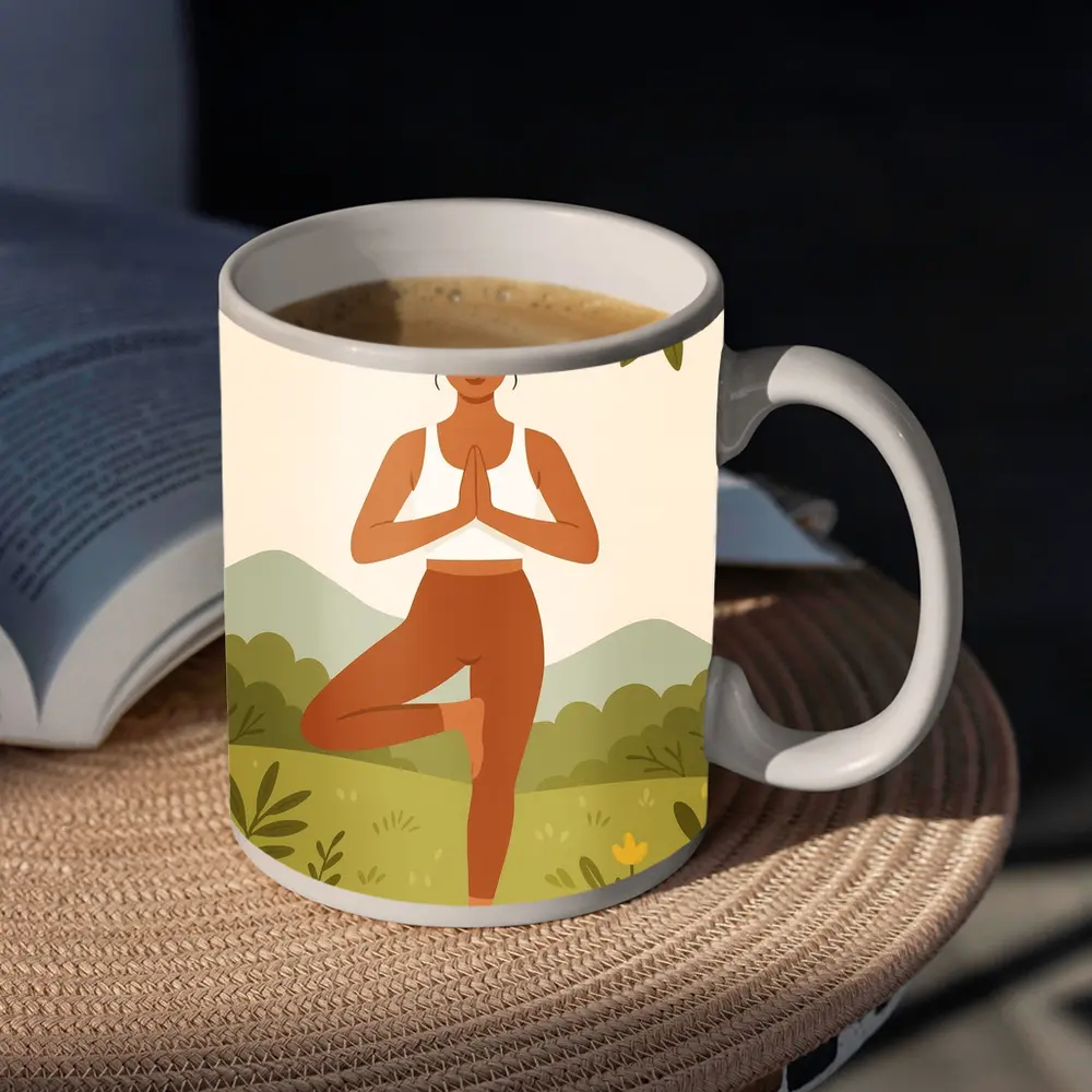 Woman Yoga Tree Pose Nature Background – Mugs