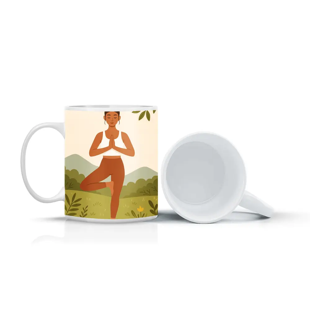 Woman Yoga Tree Pose Nature Background – Mugs