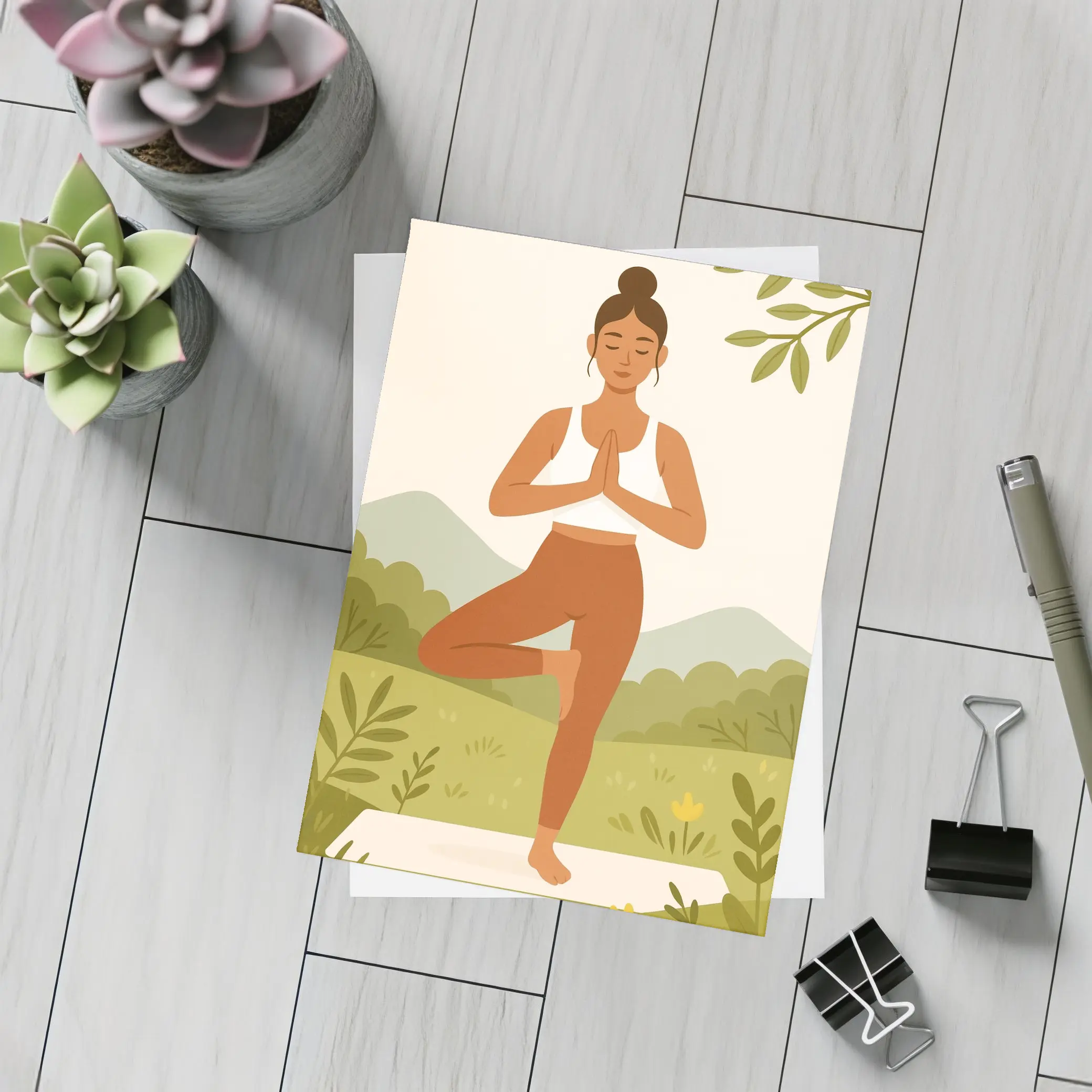 Woman Yoga Tree Pose Nature Background – Postcards