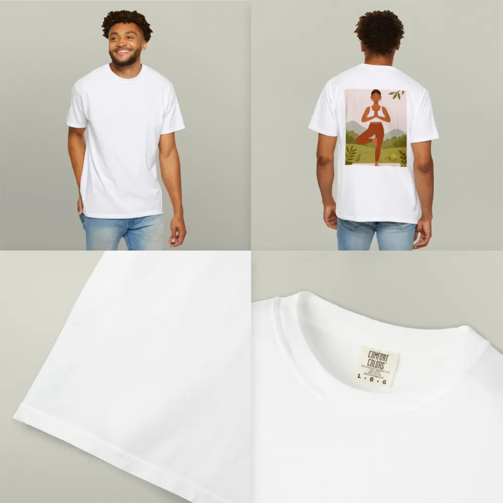 Woman Yoga Tree Pose Nature Background – T-Shirts