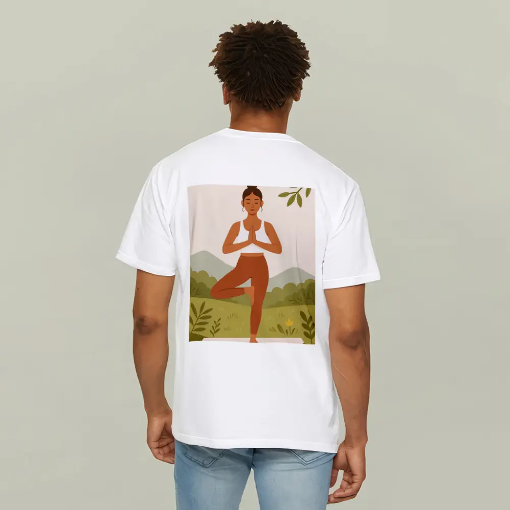 Woman Yoga Tree Pose Nature Background – T-Shirts
