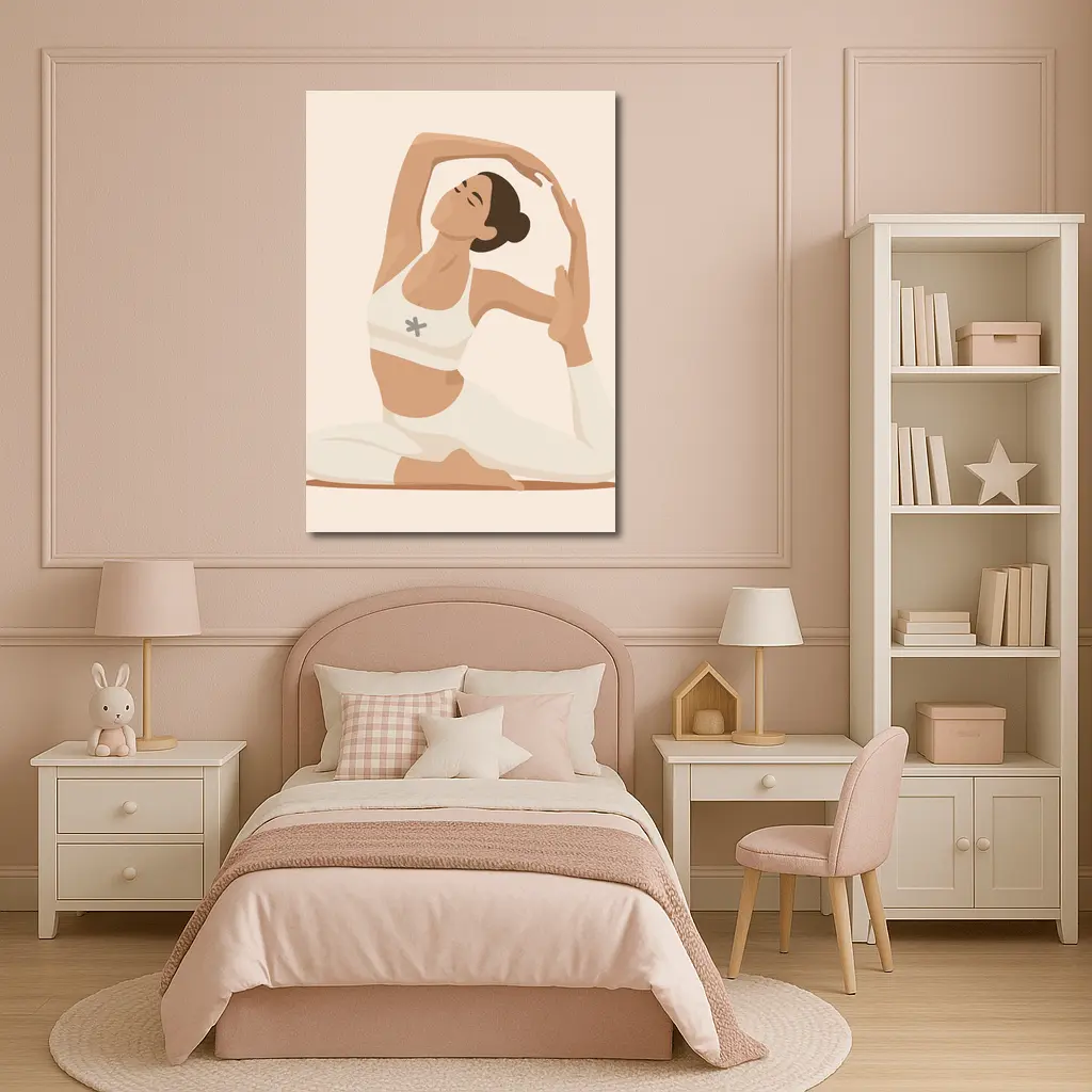 Flat Art Woman Yoga Pose Beige Background – Wall Art