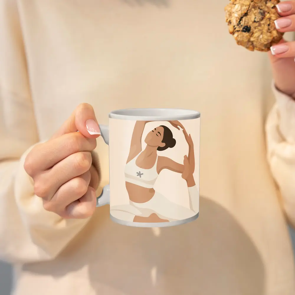 Flat Art Woman Yoga Pose Beige Background – Mugs